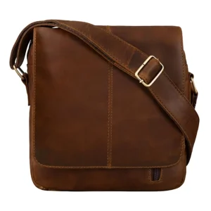 Cognac Brown Leather Messenger Bag For Men and Women