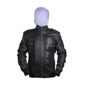 Men's Distressed Leather Bomber Hooded Jacket