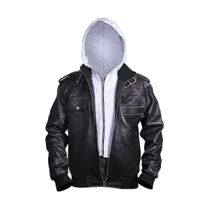 Men's Distressed Leather Bomber Hooded Jacket