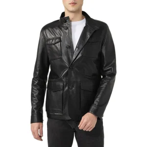 Men's Flap Pockets Black Leather Jacket