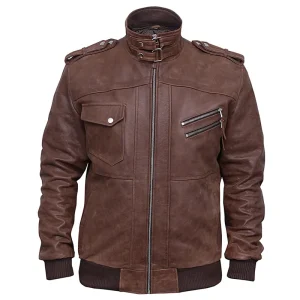Men's Distressed Leather Brown Bomber Hooded Jacket