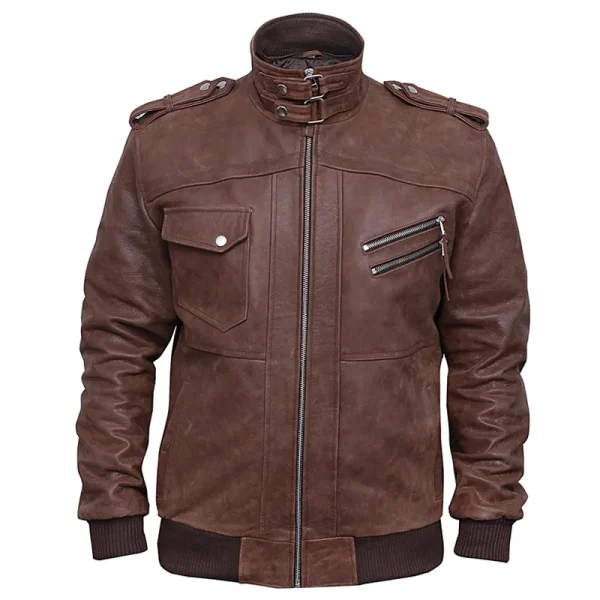 Men's Distressed Leather Brown Bomber Hooded Jacket