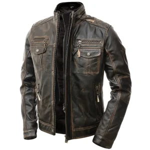 Men's Motorcycle Distressed Brown Cafe Racer Leather Jacket