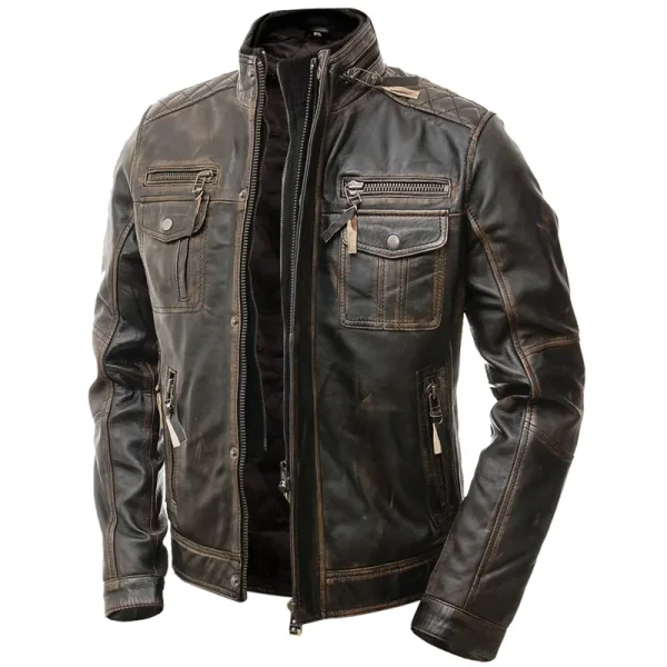 Men's Motorcycle Distressed Brown Cafe Racer Leather Jacket