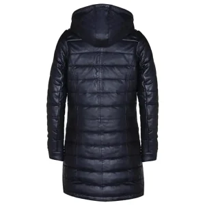 Black Leather Quilted Overcoat Hooded