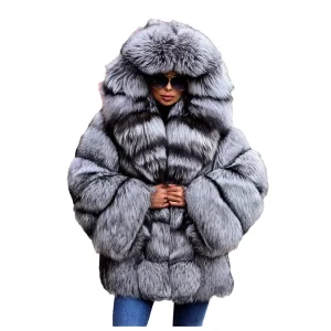 Luxury Silver Fluffy Hooded Overcoat