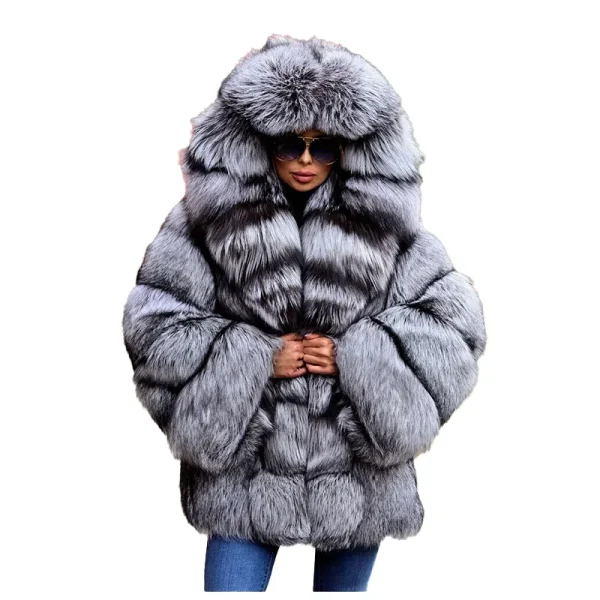 Luxury Silver Fluffy Hooded Overcoat