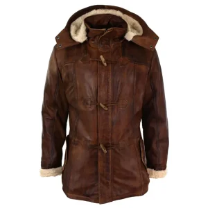 Men's Brown Leather Hooded Overcoat