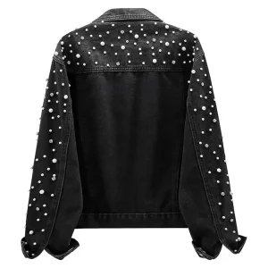 Pearls Denim Black Rhinestones Jean Jacket