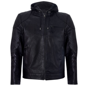 Sa Men’s BlackLeather Hooded Bomber Jacket