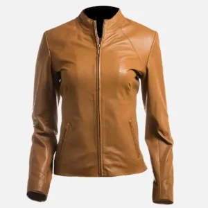 Women's Tan Plain Short Zipped Leather Jacket